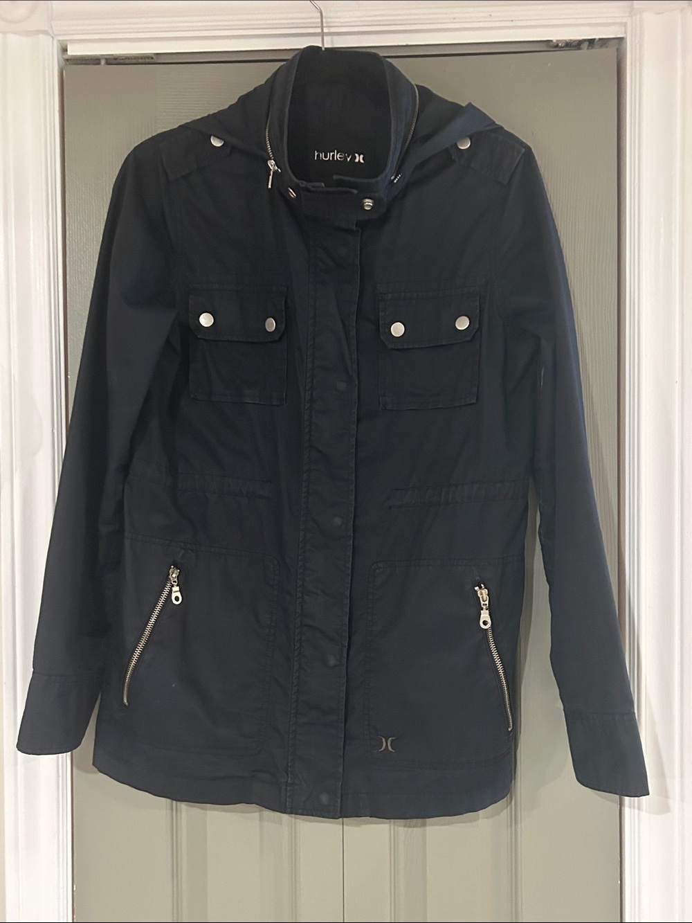 Hurley Black Hooded Utility Jacket with Snap & Zip Pockets